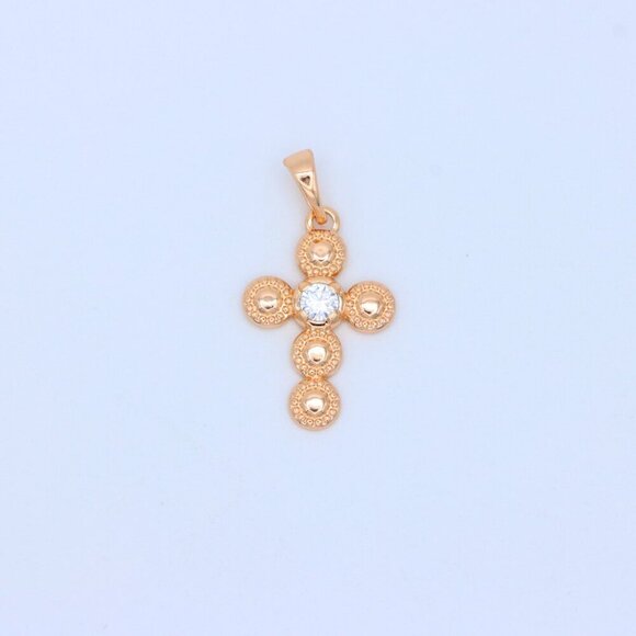 "Rose Gold Cross Pendant with Textured Beads and Center Crystal Stone, XPPT1606 - Picture 11 of 13